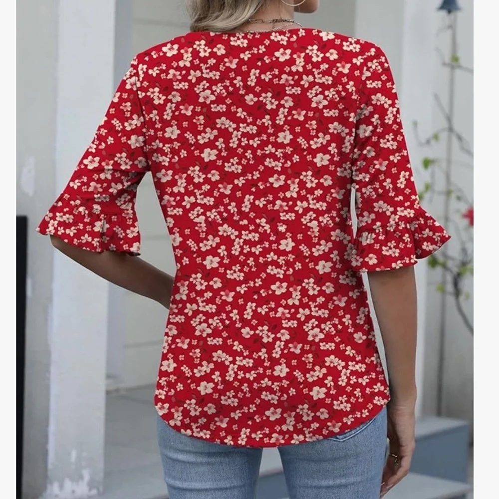 Zeagoo Red Floral Blouse with Ruffle Sleeves size large
